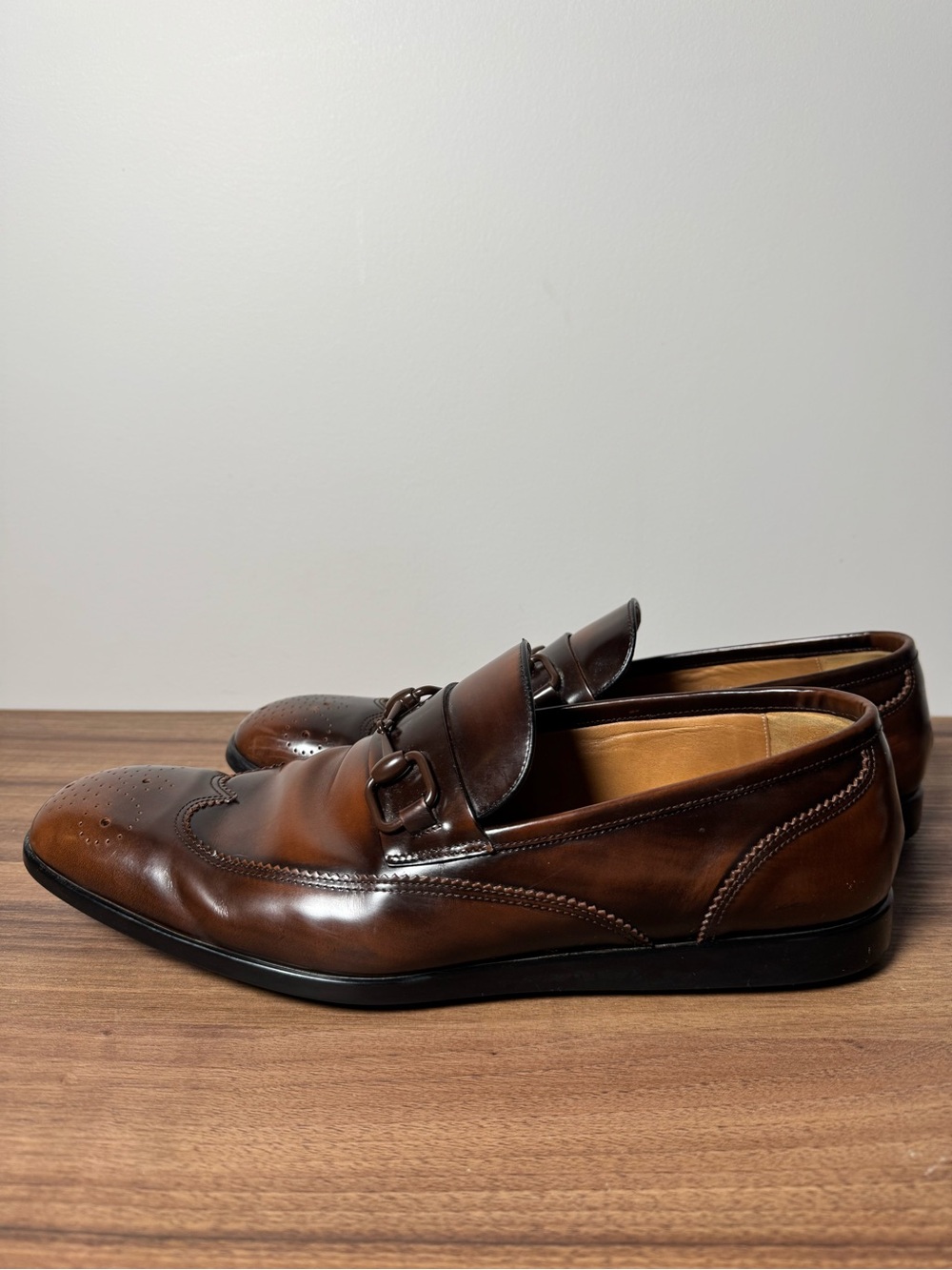 Gucci Wingtip Horsebit Loafers 10 Brown Patina Leather Slip On Shoes Italy - Picture 2 of 8